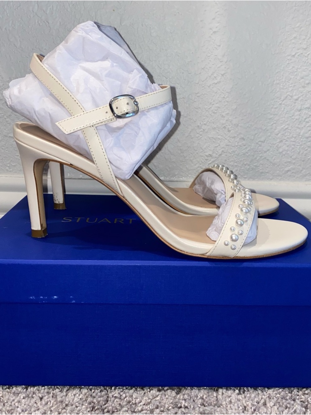 Stuart Weitzman Pearl-Embellished Cream Strappy Heels